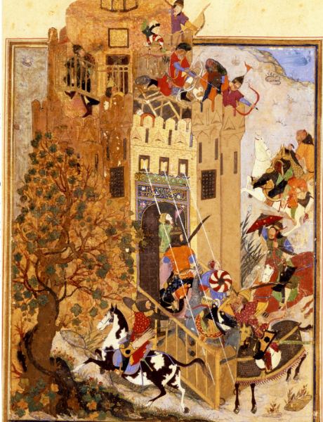 A Timurid miniature of a siege: archers on the towers, a ram at the gate, horsemen below